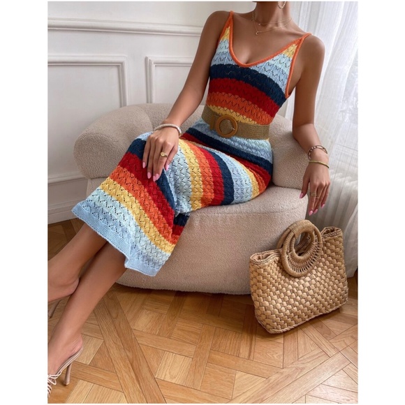 06 Boho Rainbow Color block Knit Cami Dress - Picture 2 of 5